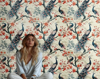 Chinoiserie Peacock Wallpaper: Vintage Japanese Floral Wall Mural