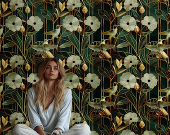 Emerald Hummingbird Wallpaper: Green and Gold Botanical Mural, Art Deco Floral Wall Covering, Luxury Living Room Decor - DB13