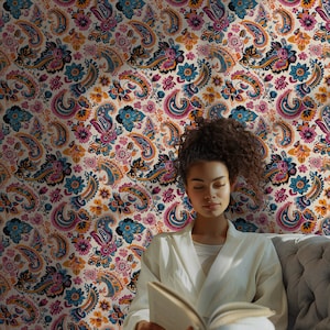 Colorful Retro Paisley Wallpaper, Vintage Art Deco Wallpaper, Trendy Botanical Mural BR25