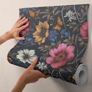 Enchanting Dark Botanical Floral Mural, Whimsical Forest Wallpaper, Peel and Stick Accent Wall Decor DF01