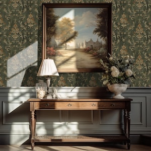 Enhance your home with our Vintage Dark Green Damask Removable Wallpaper. This wallpaper roll features an elegant bohemian damask pattern in rich dark green, ideal for adding a touch of vintage charm to any cottage or farmhouse decor.