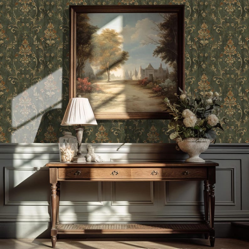 Enhance your home with our Vintage Dark Green Damask Removable Wallpaper. This wallpaper roll features an elegant bohemian damask pattern in rich dark green, ideal for adding a touch of vintage charm to any cottage or farmhouse decor.