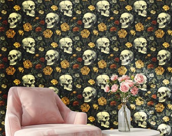 Gothic Skull Floral Wallpaper: Dark Botanical Roses Pattern, Vintage Gothic Wall Decor - DS04