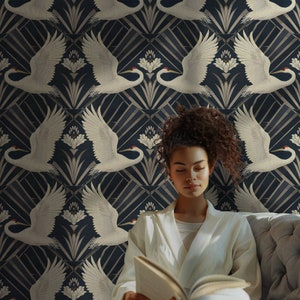 Bird Peel and Stick Wallpaper, Crane Mural, Art Deco Removable Wallpaper DB16