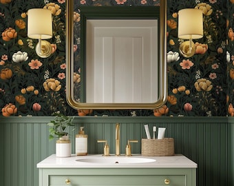 Donker bloemenbehang: vintage botanisch patroon voor damestoilet, badkamer - BM53