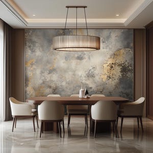 May include: A modern dining room with a large, round, wood and metal chandelier hanging over a long, rectangular, wooden table with six white chairs. The wall behind the table is painted with a textured, abstract design in shades of gray, brown, and gold.