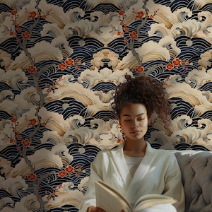 Oriental Wallpaper Vintage Japanese Wallpaper with Antique Print Beige Color Chinese Wallpaper SD16
