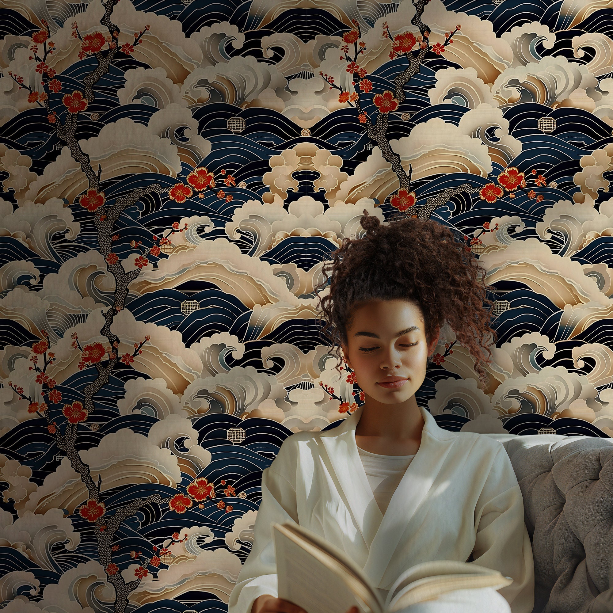 Japanese Wave Wallpaper: Crane Blossom Pattern for Bedroom, Powder
