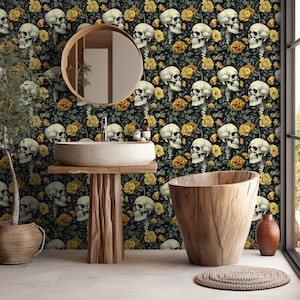 Whimsical Skull and Floral Self-Adhesive Mural, Dark Gothic Vinyl Wallpaper, Removable Farmhouse Wall Decor DS03