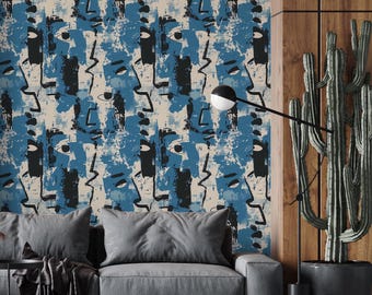 Mural de pared con pinceladas azules abstractas: Papel pintado artístico moderno - BM08