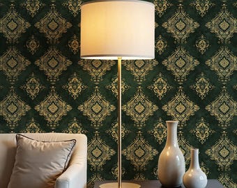 Dark Green Damask Wallpaper: Gold Vintage Medallion for Living Room - VN99