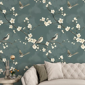 Blue Peel and Stick Wallpaper, Chinoiserie Wall Mural, Vintage Floral Wall Art, Flower Mural Wallpaper TG13