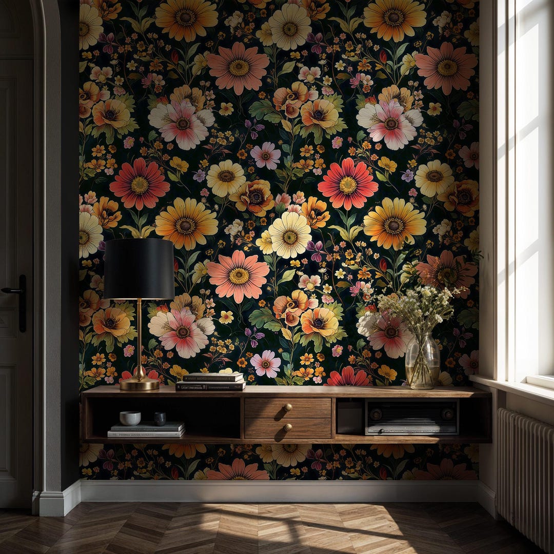 Dark Floral Wallpaper: Vintage Botanical Pattern for Bedroom, Living ...