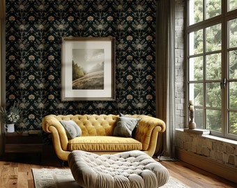 Dark Botanical Damask Wallpaper: Elegant Vintage Floral Wallcovering for Living Room or Lounge - VN04