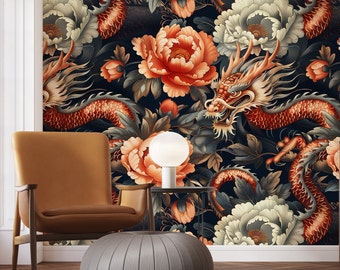 Oriental Wallpaper Vintage Japanese Wallpaper with Peonies and Dragons Chinoiserie Wall Art SD05