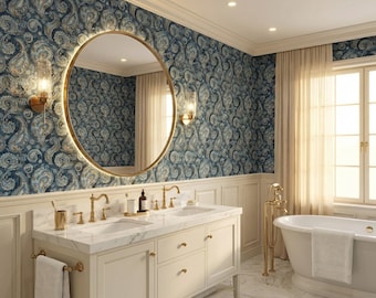 Navy Blue Retro Paisley Wallpaper Modern Art Deco Wallpaper Trendy Floral Mural BR22
