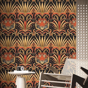 Art Deco Tiger Tapete Tropisches Wandbild-Tapete Tiger Botanische Tapete Gold Maximalist Tapete TE17