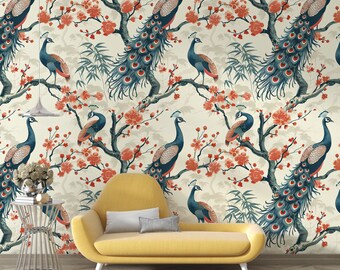 Chinoiserie Wallpaper Peacocks and Flowers Wall Mural