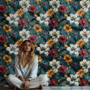 Maximalist Dark Botanical Peel and Stick Wallpaper, Moody Floral Wall Mural for Accent Walls DF09