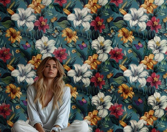 Dark Botanical Floral Wallpaper: Maximalist Peel and Stick Wall Mural