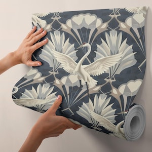 Whimsical Crane and Botanical Wallpaper, Art Deco Peel and Stick, Removable Maximalist Accent Wall Mural DB15