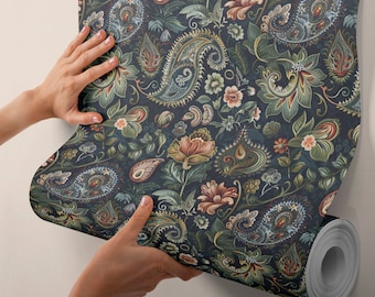 Dunkelgrüne Retro Paisley Tapete Modern Art Deco Tapete Trendiges Blumen Wandbild BR18