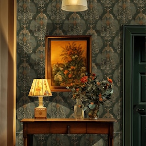 Abnehmbare Tapete Dunkelgrüner Boho Damast, Vintage Cottage Decor, Renter-freundliche Tapetenrolle VN37