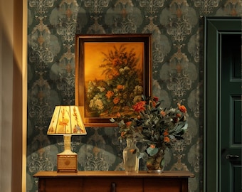 Dark Green Bohemian Damask Removable Wallpaper, Vintage Cottage Decor, Renter-Friendly Wallpaper Roll VN37