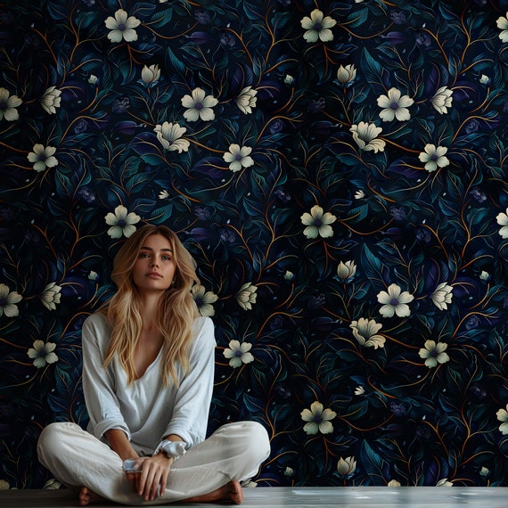Dark Floral Botanical Wallpaper, Moody Nature Wall Mural, Elegant Home Decor, Vintage Garden Wall Covering for Bedroom - DF05