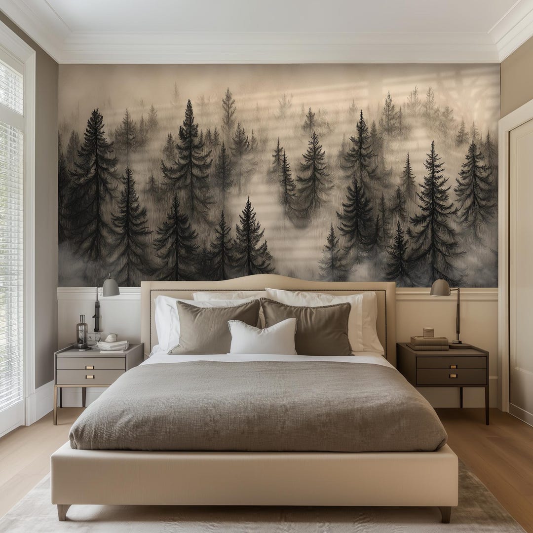 Misty Forest Mural Wallpaper: Moody Pine Wall for Bedroom, Living Room ...