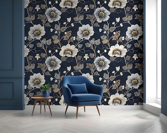Mural de pared estilo chinoiserie con peonías, papel pintado oriental oscuro, papel pintado de diseño japonés vintage SD09