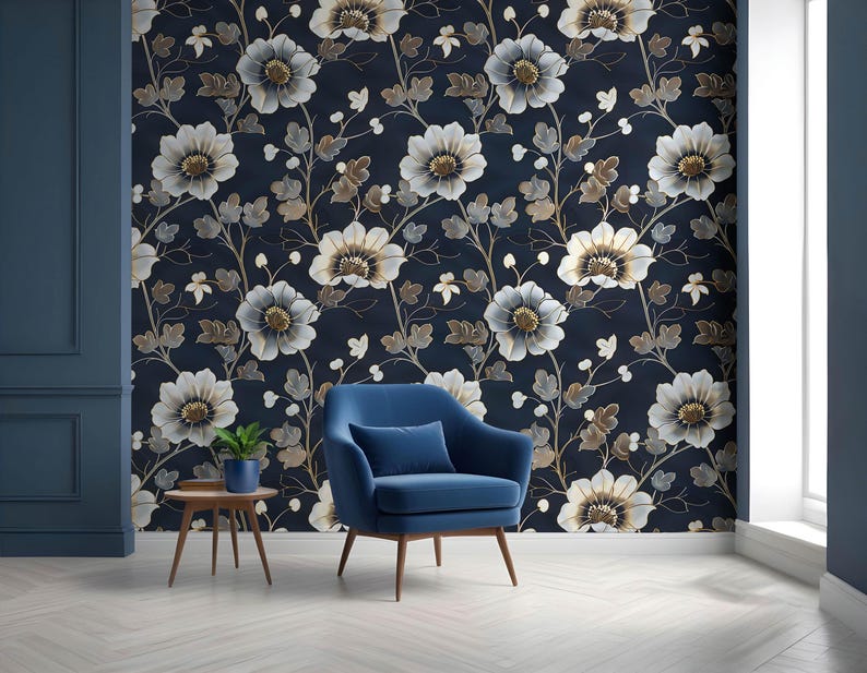 Chinoiserie Wall Mural With Peonies, Dark Oriental Wallpaper, Vintage ...