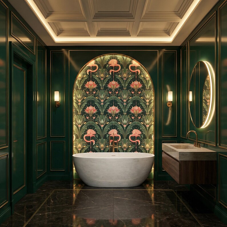 Dark Floral Flamingo Wallpaper: Art Deco Botanical Mural - DB09 image 6