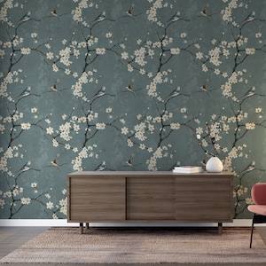 Vintage Floral Peel and Stick Wallpaper, Blue Wall Decor, Chinoiserie Removable Wallpaper, Bird Wall Mural TG12