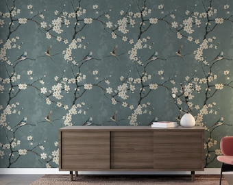 Papel pintado vintage de pájaros estilo chinoiserie: mural de pared autoadhesivo con diseño floral azul