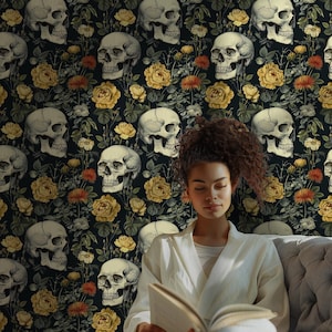 Moody Gothic Skull and Flower Mural, Removable Whimsical Wallpaper for Farmhouse Decor, Custom Vinyl Wall Art DS04