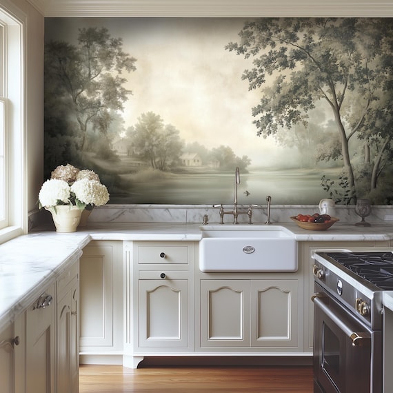 Vintage Scenic Wall Mural, Removable Green Landscape Wallpaper, Antique Botanical Nature Wall Decor RO27