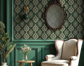 Papel pintado damasco verde oscuro: revestimiento de pared vintage barroco autoadhesivo - VN102