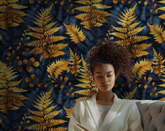 Moody Botanical Wallpaper, Dark Floral Wall Mural, Navy Blue Removable Wallpaper MF22