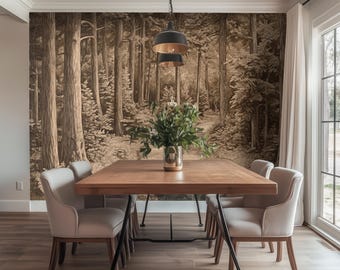 Papel tapiz extraíble con diseño de bosque vintage, mural de pared con naturaleza antigua, decoración de pared botánica de estilo rústico RO54