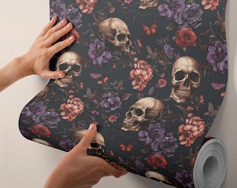 Papel de parede com caveira e flores: mural gótico de vinil, arte de parede removível