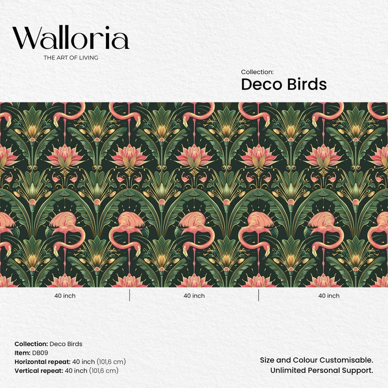 Elegance birds wallpaper designs. Discover elegance with our Art Deco Wall Murals. This collection includes vintage seamless patterns with birds, like this Pink Flamingos  and Flowers. Dark Floral Wallpaper will make your interior Elegance.
