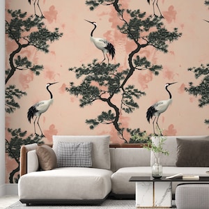Vintage Sage Pink Crane Bird Wallpaper, Classic Chinoiserie Peel and Stick Wall Mural TG03