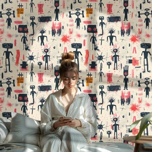 Beige Basquiat Wandbild Tapete Abstraktes Moody Wallpaper Basquiat Peel and Stick Wandbild BM37