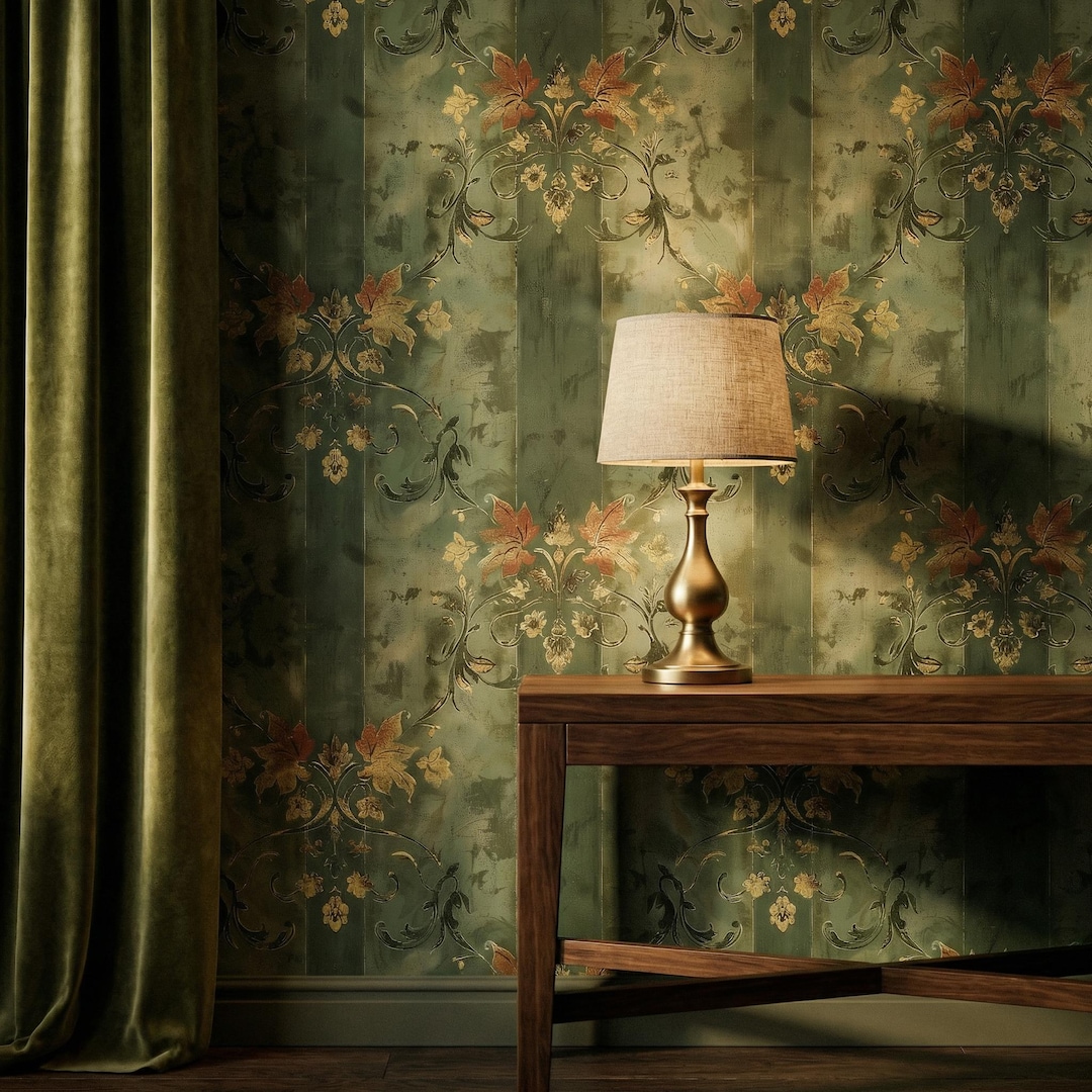 Vintage Green Floral Wallpaper: Classic Damask Stripe Wall Decor - VN49 ...