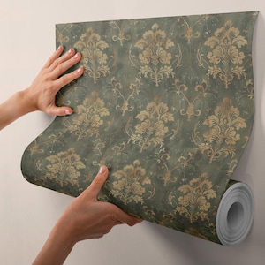 Sage Green Cottage Wallpaper Roll, Removable Vintage Farmhouse Non-Woven, Mid-Century Modern Bohemian Damask VN57