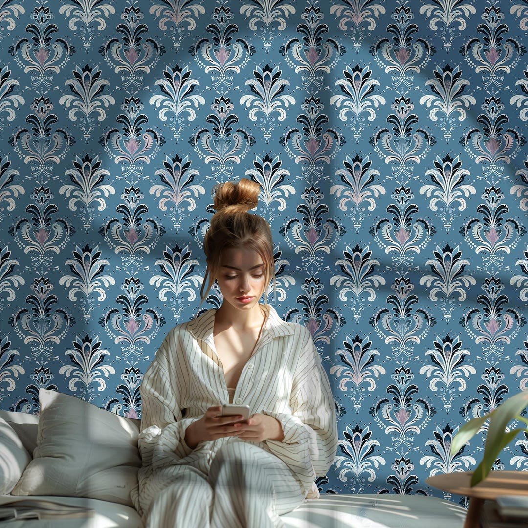 Blue Vintage Wallpaper, Mid Century Modern Removable Wallpaper, Bohemian Damask Wall Decor VN16