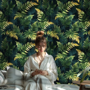 Dark Green Botanical Wallpaper, Fern Floral Wall Mural, Removable Farmhouse Decor MF03
