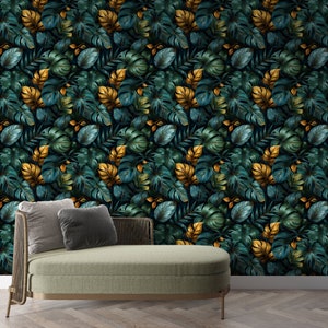 Jungle Theme Wall Mural, Dark Floral Peel and Stick Wallpaper, Tropical Art MJ22
