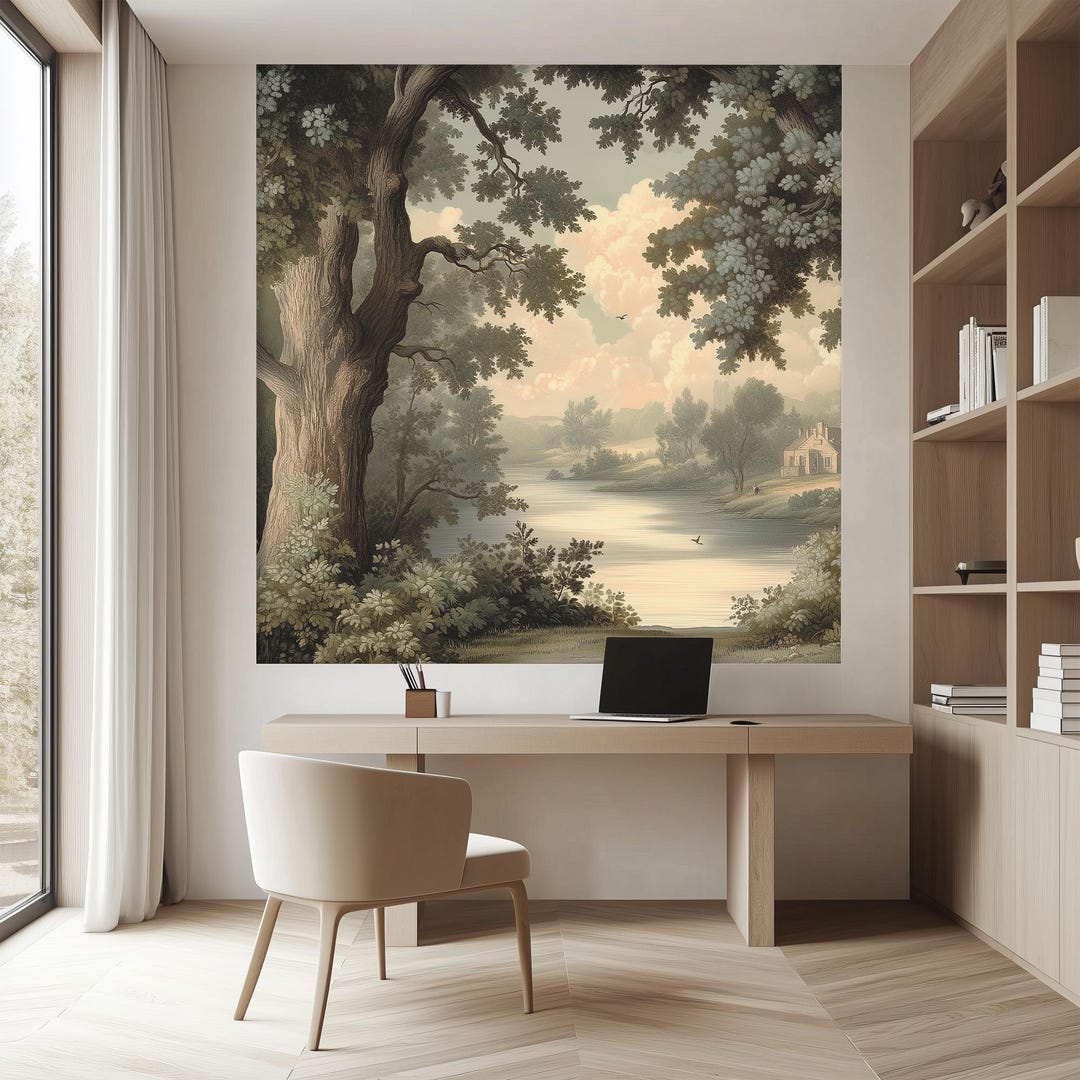 Tranquil Landscape Wall Mural: Vintage Nature Scene With River and ...